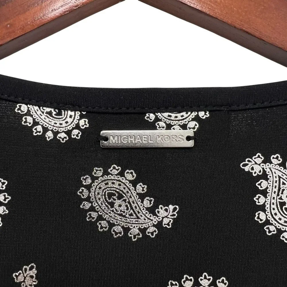 MICHAEL KORS Black/Silver Foil Paisley Flounce Shift Dress Bell Sleeves Size S